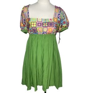 Lime Green Crochet Print Puff‎ Sleeve Open Back Mini Dress SP248WD0 Womens M 6-8